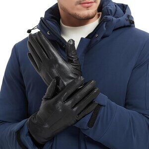 🆕Men's Black Leather Full Finger Touchscreen  Fleece Lining Winter Warm Gloves
